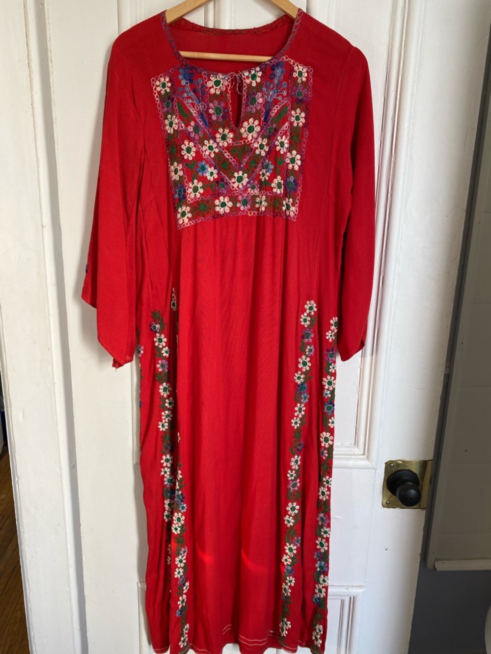 Vintage Handmade Embroidered Red Floral Dress